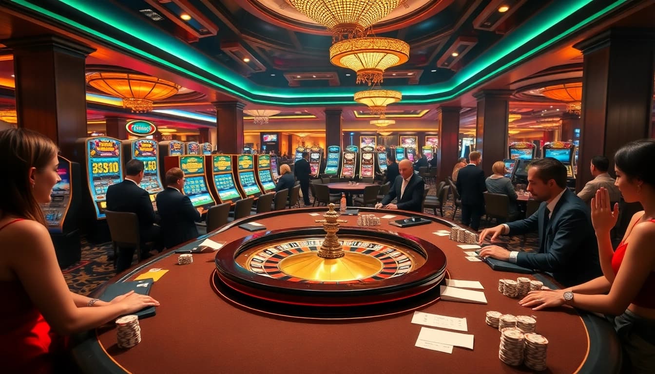 Gamblers enjoying action at a luxurious casino featuring jagoan86 themed roulette and poker tables.