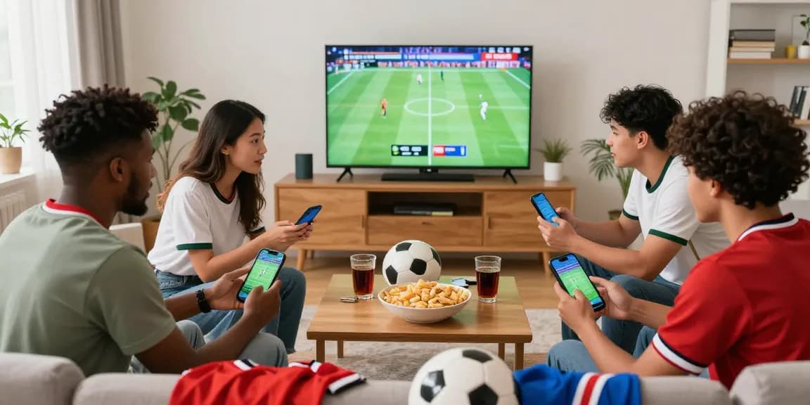 Friends excitedly using tempototo daftar for betting during the World Cup 2026 in a cozy living room.
