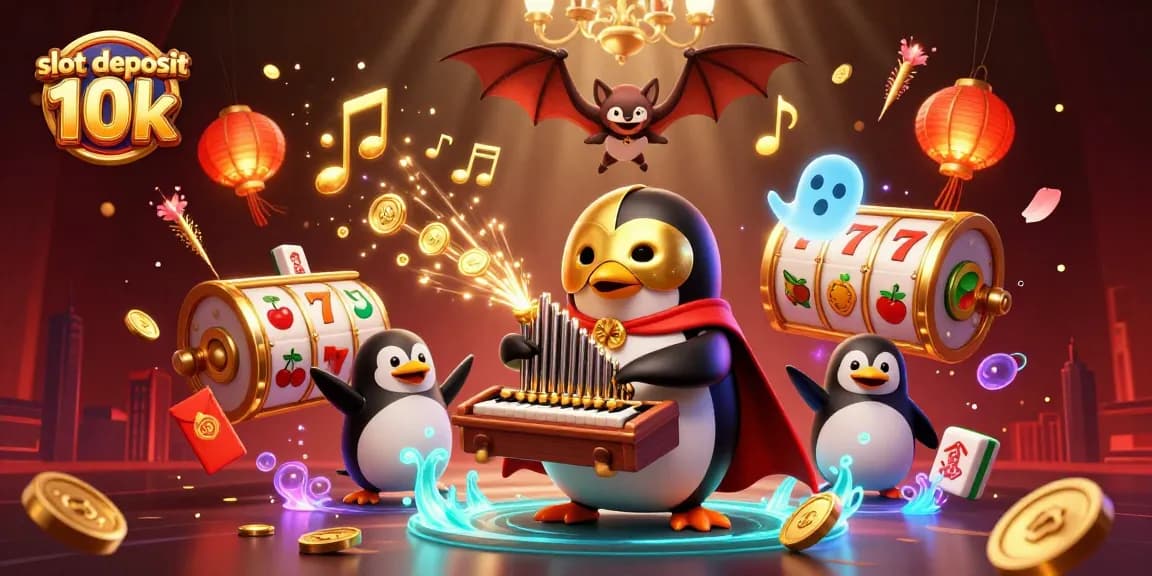 Bermain di slot deposit 10k dengan organ musik yang meluncurkan koin emas dan suasana festival penuh warna