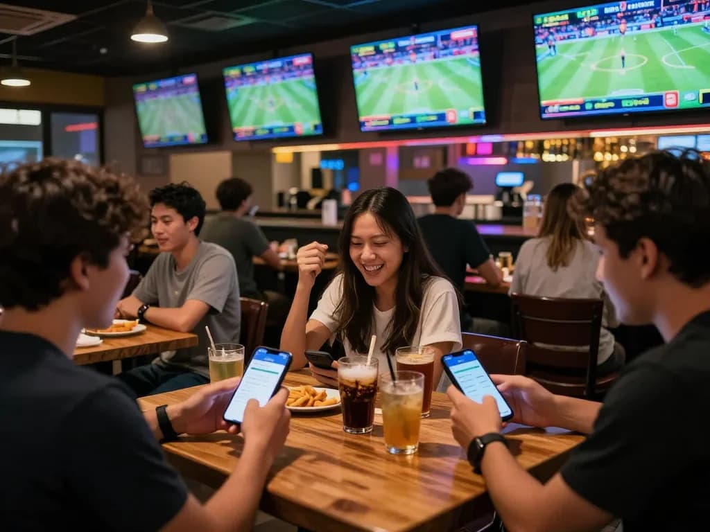 Engaging sports betting moment as patrons enthusiastically use keonhacai app in a lively bar setting.