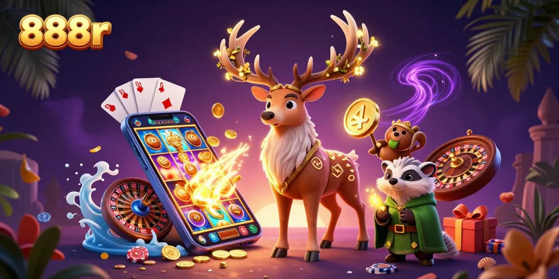 Experience the excitement of 888r gaming with a dynamic illustration of characters amidst vibrant casino elements.
