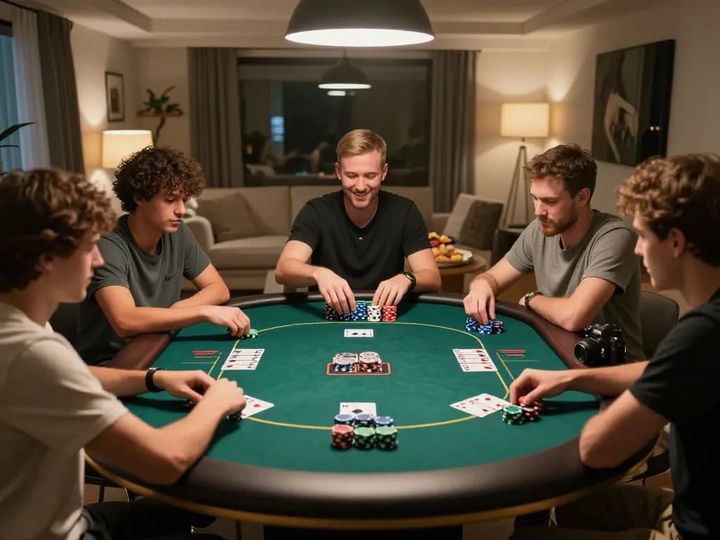 Friends enjoying a poker game at home, showcasing engaging gameplay with Go8 strategy.