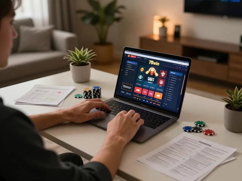 Engaged player using 78win online casino on laptop, showcasing gaming strategy and comfortable setup.