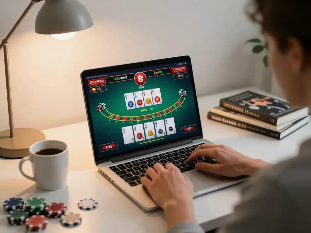 Engaging in live dealer blackjack game at home while managing keonhacai strategy notes, exemplifying online gambling.