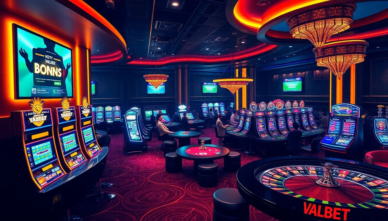 Experience winning at Valbet with thrilling slot machines and elegant gaming tables in a vibrant casino setting.