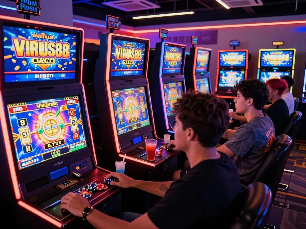 Ruang permainan yang menarik dengan pemain menikmati mesin slot virus88 dan merayakan kemenangan.