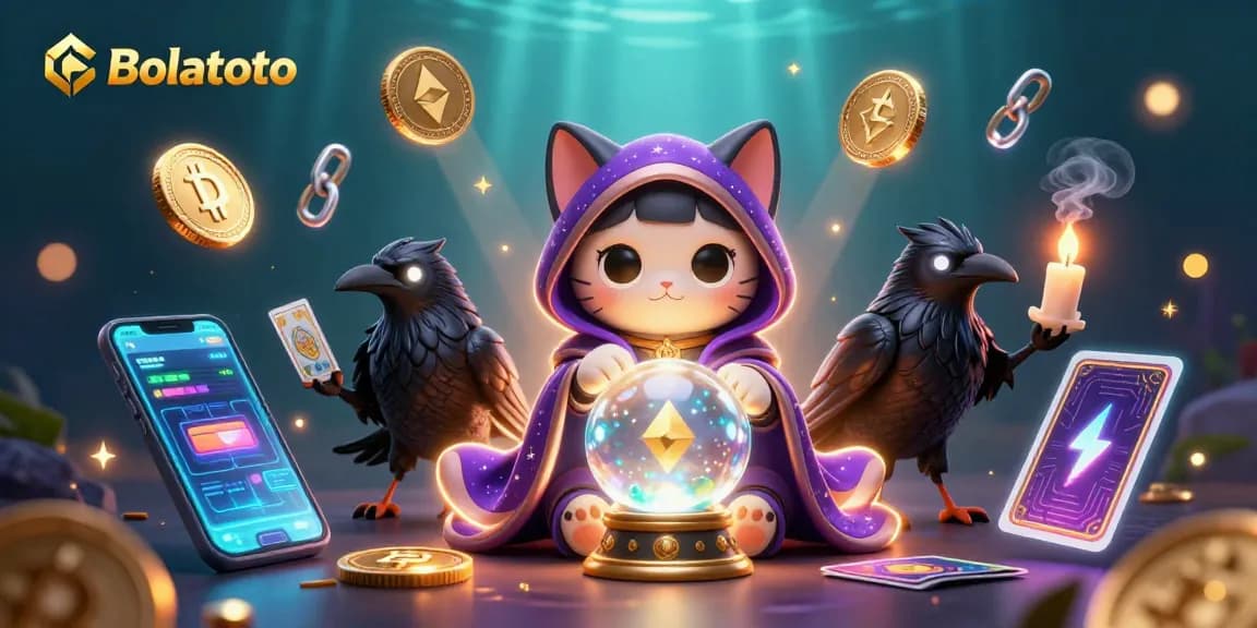 Bolatoto showcases a magical casino scene with mystic characters and vibrant cryptocurrency elements.