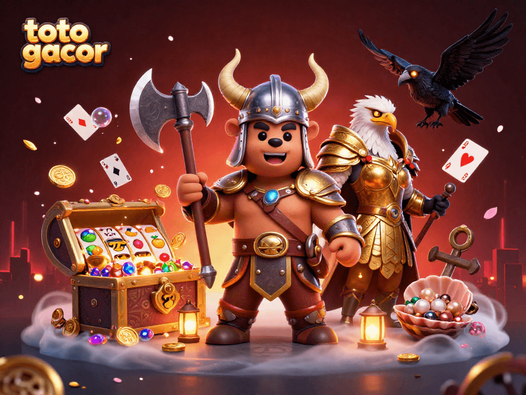 Permainan toto gacor dengan karakter Viking dan elemen kasino di ilustrasi 3D yang memukau.