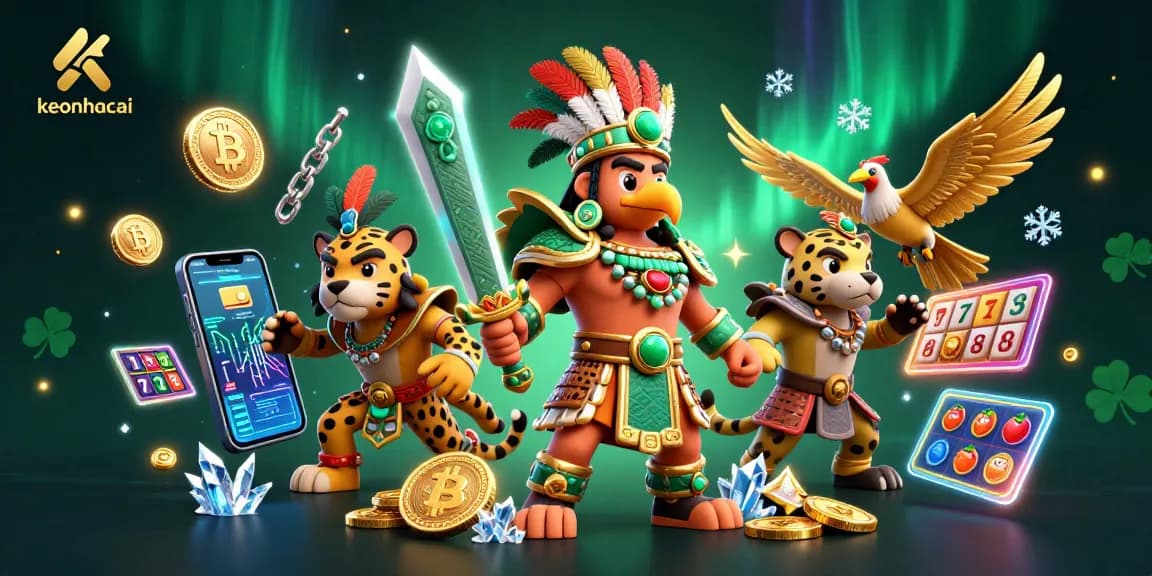 Experience thrilling gaming at keonhacai with vibrant Aztec warriors amidst cryptocurrency excitement.