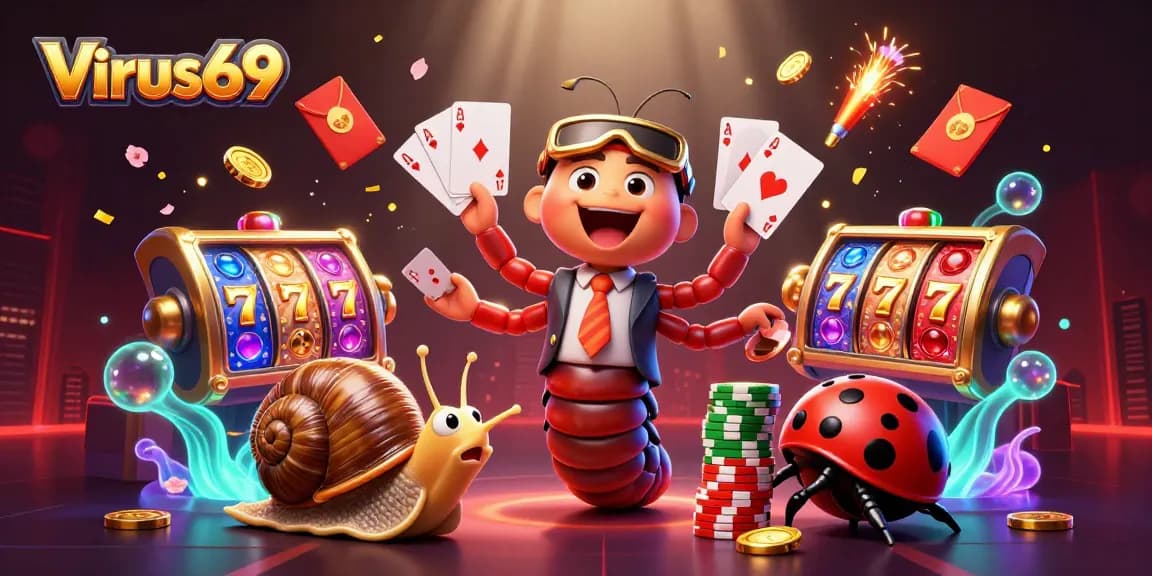 Experience thrilling gameplay at Virus69 with a cartoon dealer, high-roller, and vibrant casino elements.