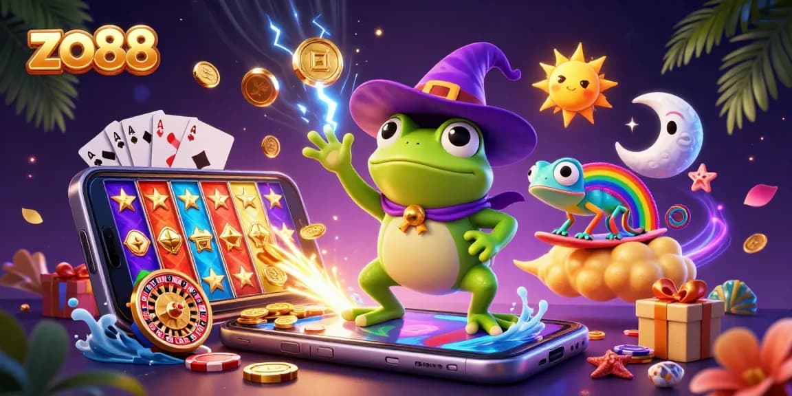 Experience the thrill of zo88 as a weather wizard frog spins golden coins amidst vibrant casino elements.