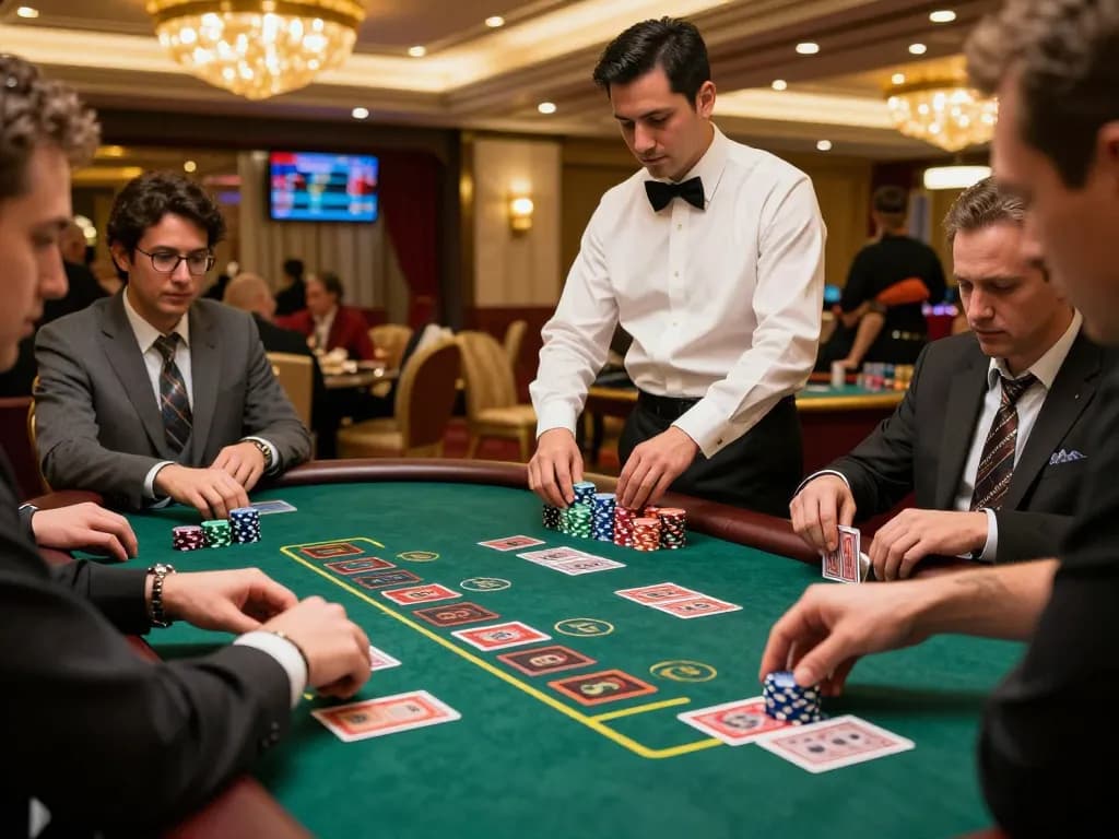 Pemain di meja blackjack merumuskan strategi taruhan mereka dan bermain deluna4d, dengan dealer mengelola permainan.