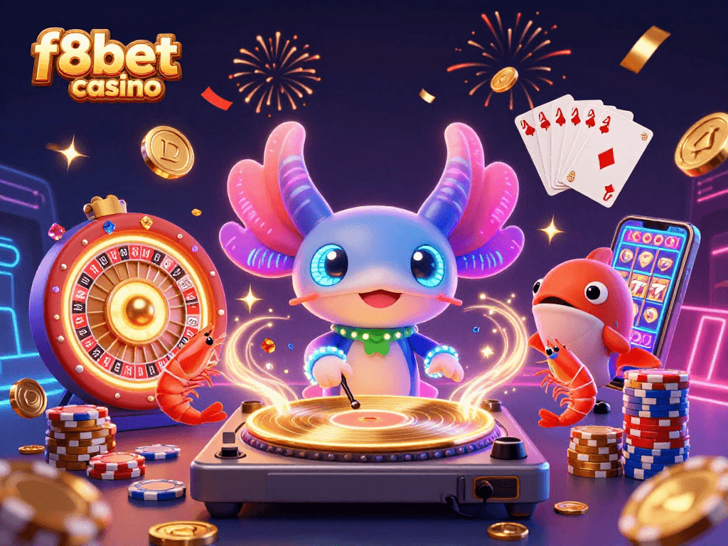 Experience vibrant energy at f8bet casino with a lively underwater party scene featuring colorful characters and casino elements.