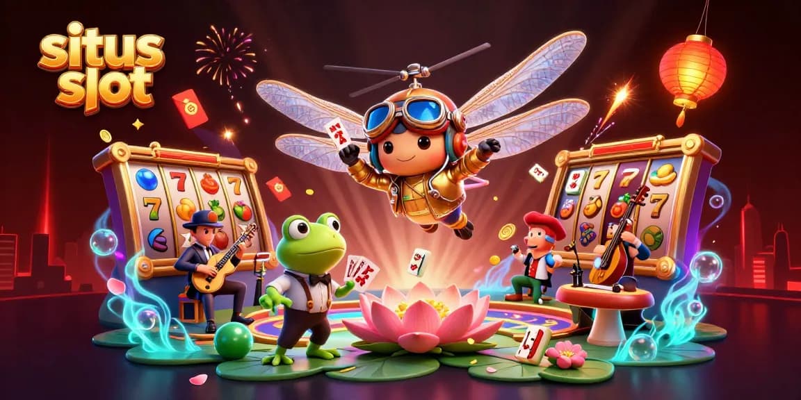 Experience situs slot excitement with dynamic dragonfly and frog croupier in a lively casino scene.