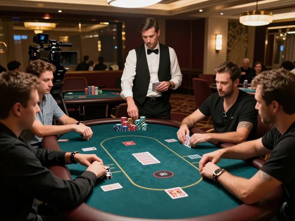 Pemain HOKI368 terlibat dalam permainan poker dengan taruhan tinggi, suasana kompetitif ditampilkan.