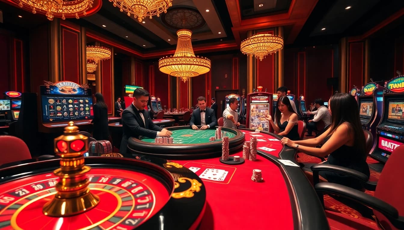 NA777 casino scene with professional dealers and exciting gambling action at a roulette and poker table.