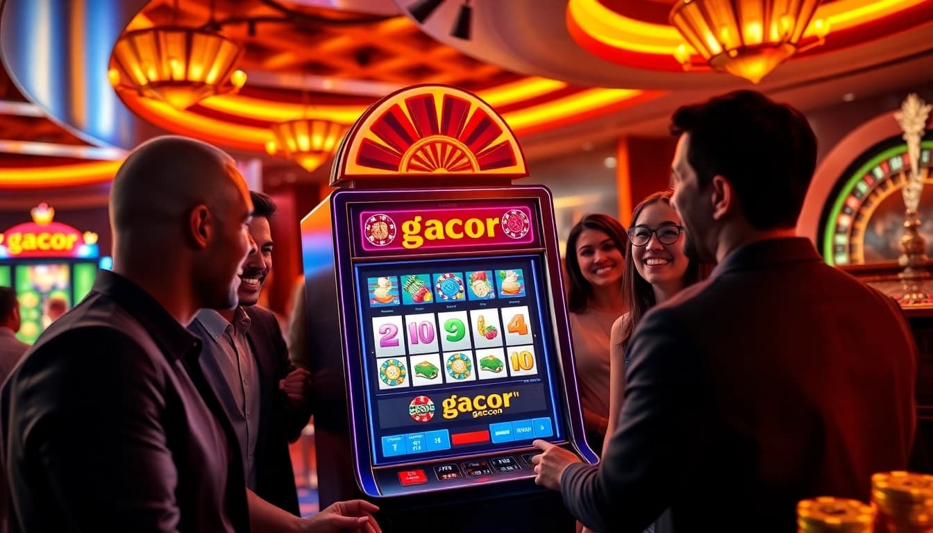 Players excitedly engage with a vibrant slot gacor machine in an upscale casino environment.
