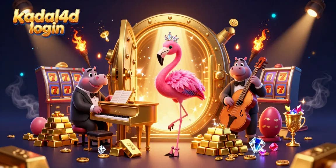 Kadal4d login menampilkan suasana kasino dengan penyanyi flamingo dan musisi hippo, dikelilingi harta berkilau.