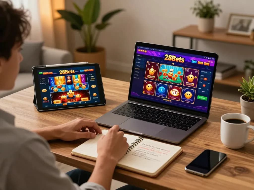Person playing 28bets online casino game on a laptop with a notebook strategy guide nearby.