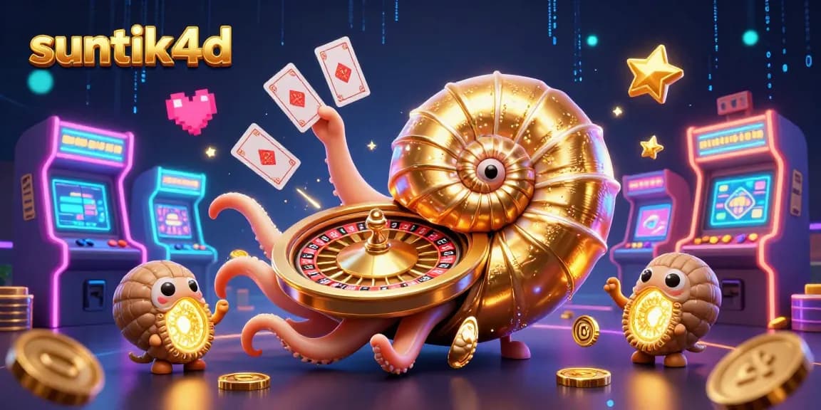 Suntik4d, nautilus raksasa bermain kartu di kasino, menampilkan elemen slot dan efek neon