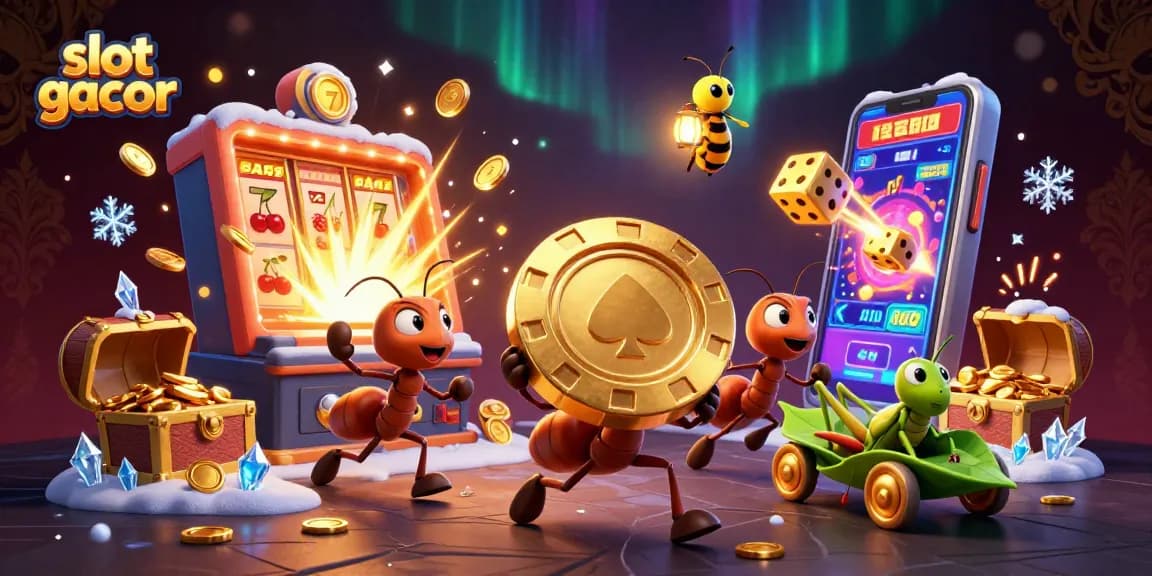 Slot gacor menang di kasino online dengan ilustrasi tim semut 3D mencuri chip poker emas