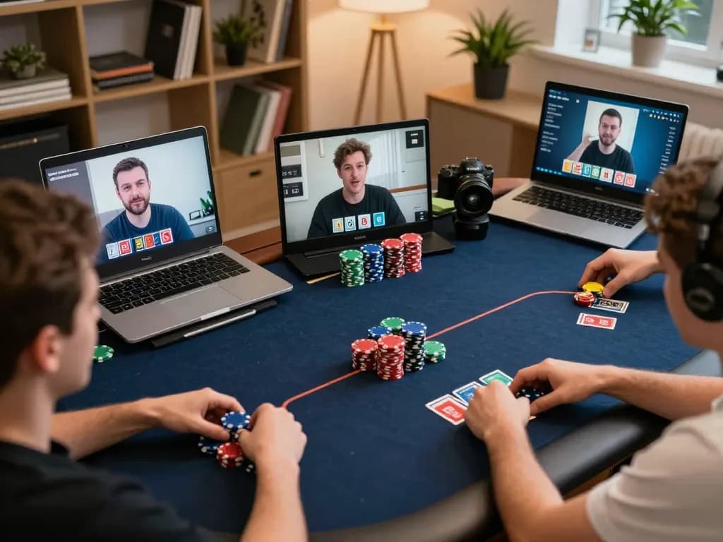 IDNSCORE online poker players strategizing during live game in vibrant home setting.