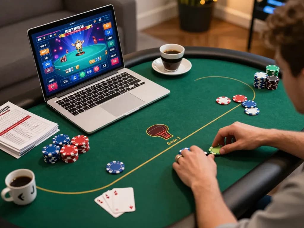 Sunwin online poker game in action, showcasing colorful chips and a cozy home setting for responsible gaming.