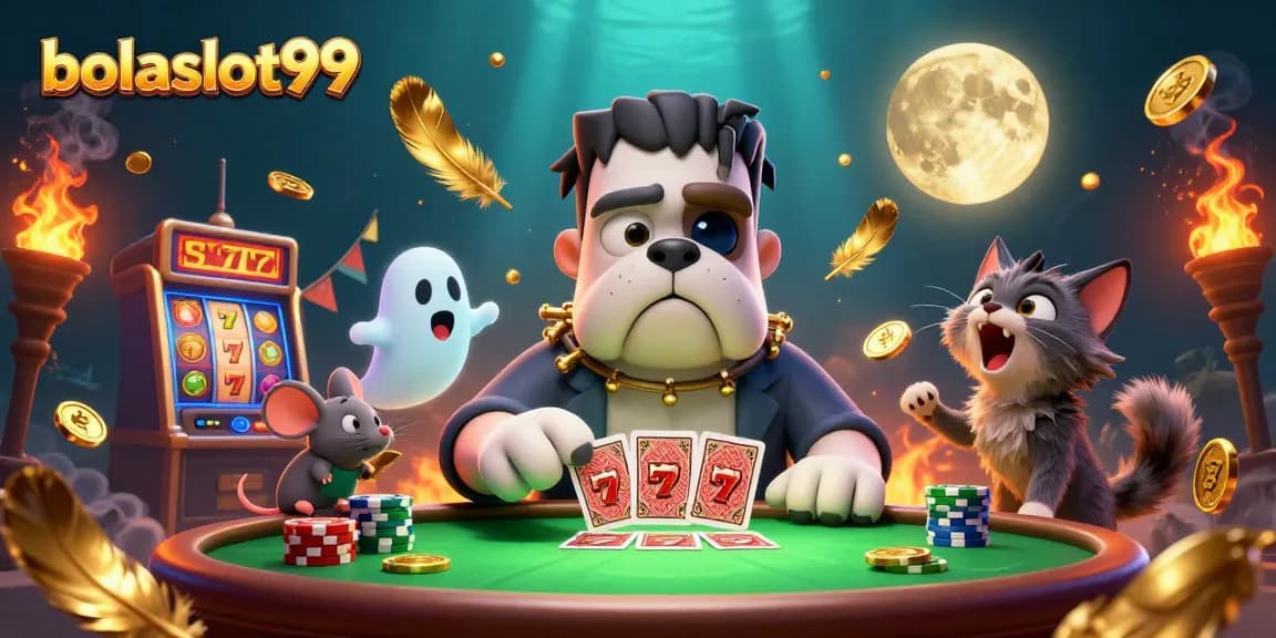 Engage with bolaslot99 as a Frankenstein bulldog deals cards at a vibrant casino scene.