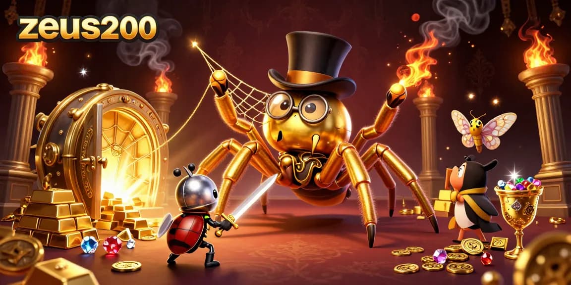 Zeus200 hadir dalam ilustrasi kasino yang megah dengan arachnid emas dan kesatria serangga.