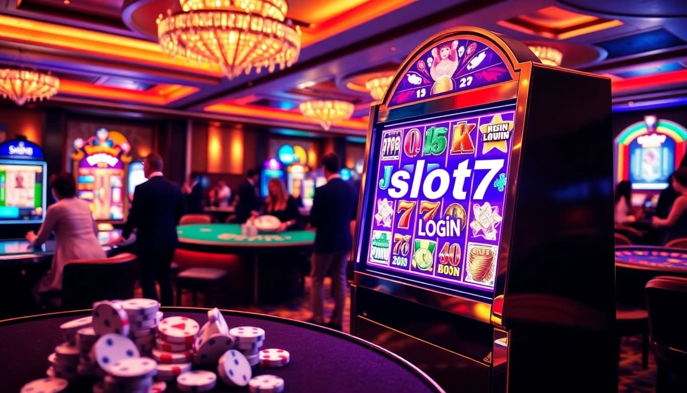 Experience the thrill of slot777 login at a luxurious casino with vibrant slot machines and excited players.