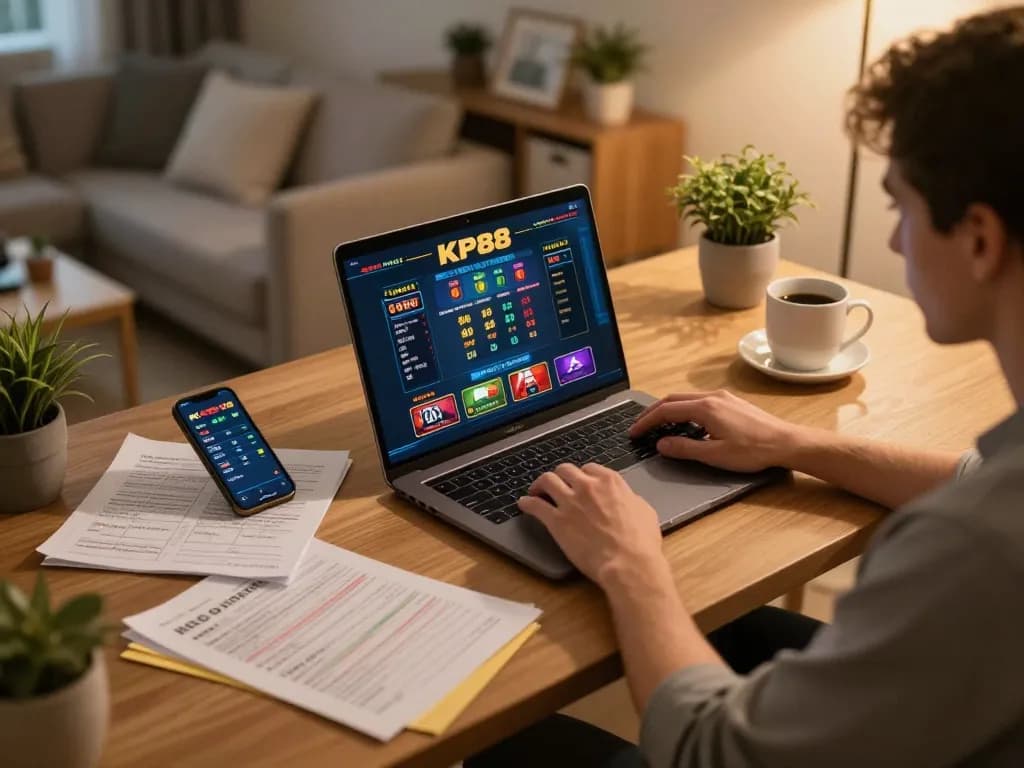 Player engaging in KP88 online casino games with strategy notes at a cozy home desk