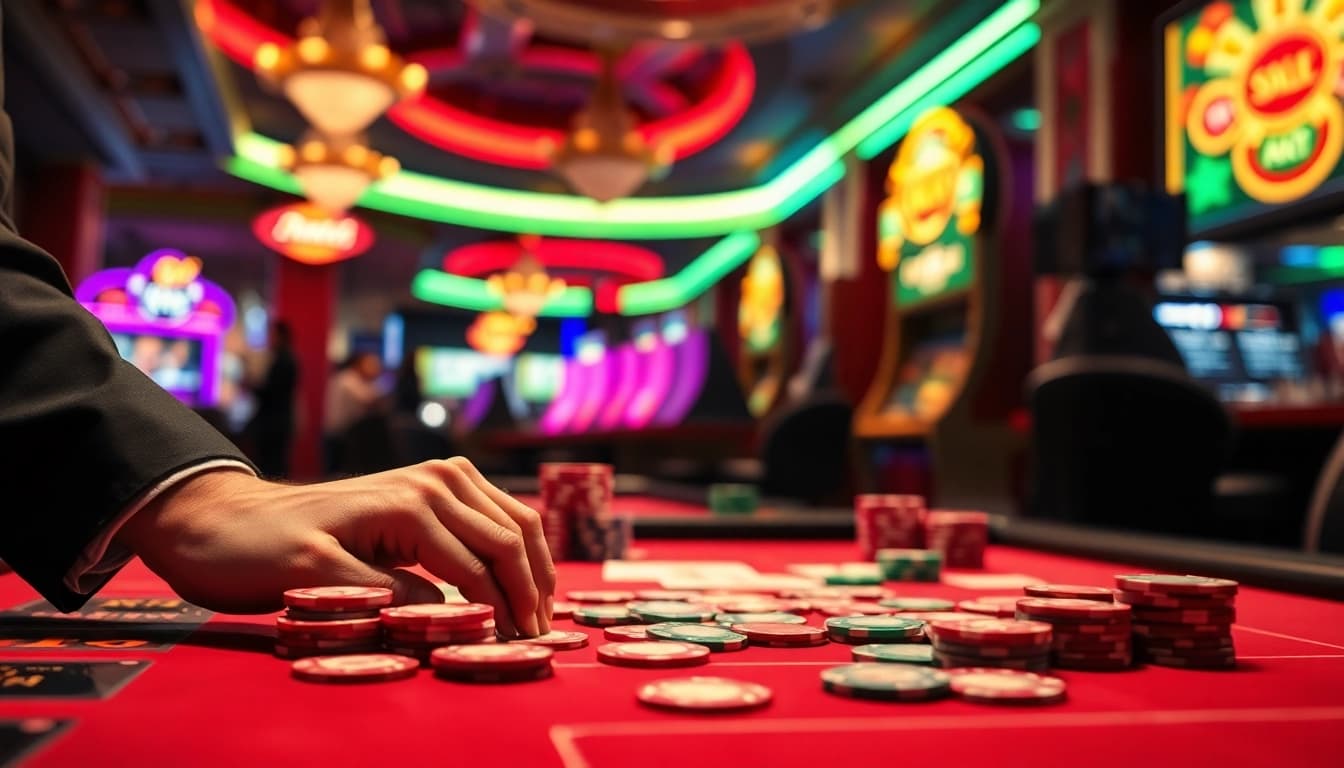 Pemain taruhan tkp188 dengan chip dan kartu di meja kasino yang ramai.