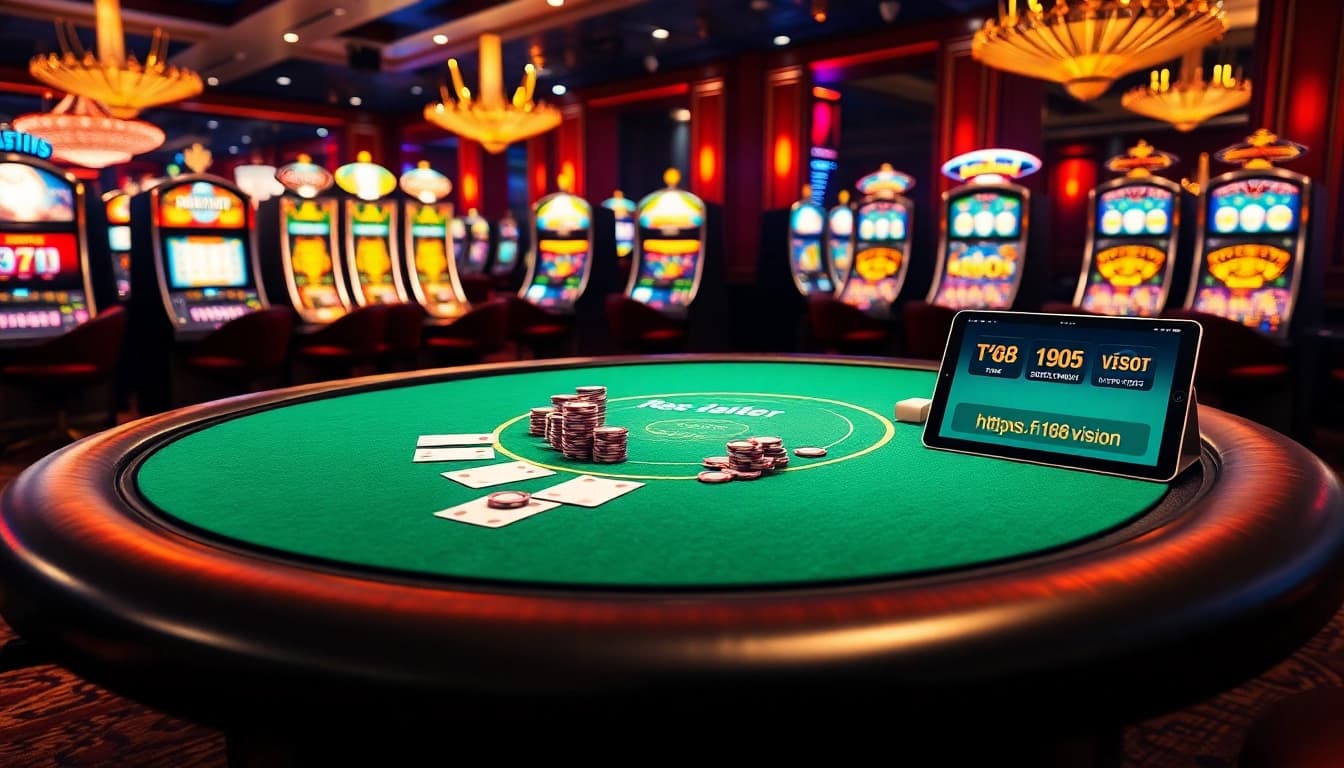 Experience the excitement of online gambling with https://f168.vision/ featuring a vibrant poker table and slot machines.
