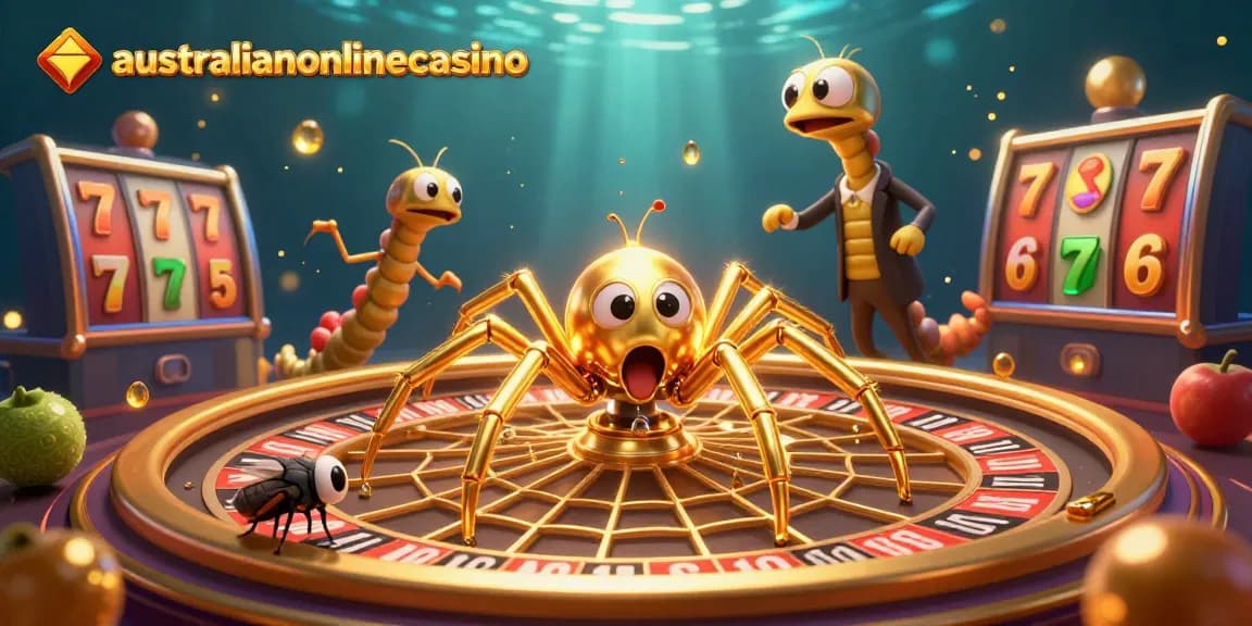 AustralianOnlineCasino scene featuring a golden spider roulette wheel with vibrant flying slot elements.