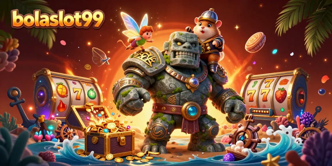 Experience the excitement of bolaslot99 with a vibrant casino scene showcasing slot reels and treasures.