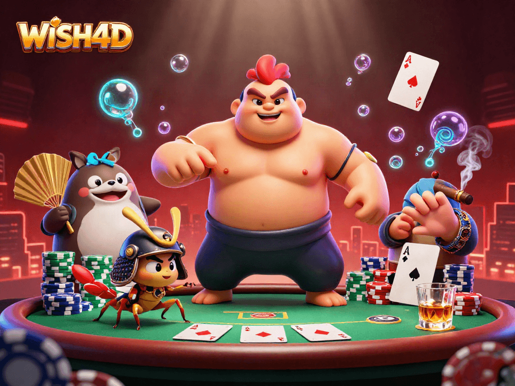 Join the action at WISH4D with a powerful rooster and samurai cricket at a vibrant poker scene!