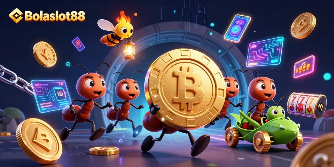 Bolaslot88 showcases gaming excitement as ants carry a golden chip through a neon-lit tunnel.