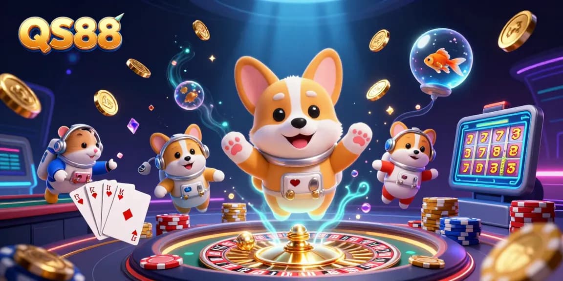 Experience the exciting universe of QS88 gaming with a vibrant illustration featuring animated characters and casino elements.