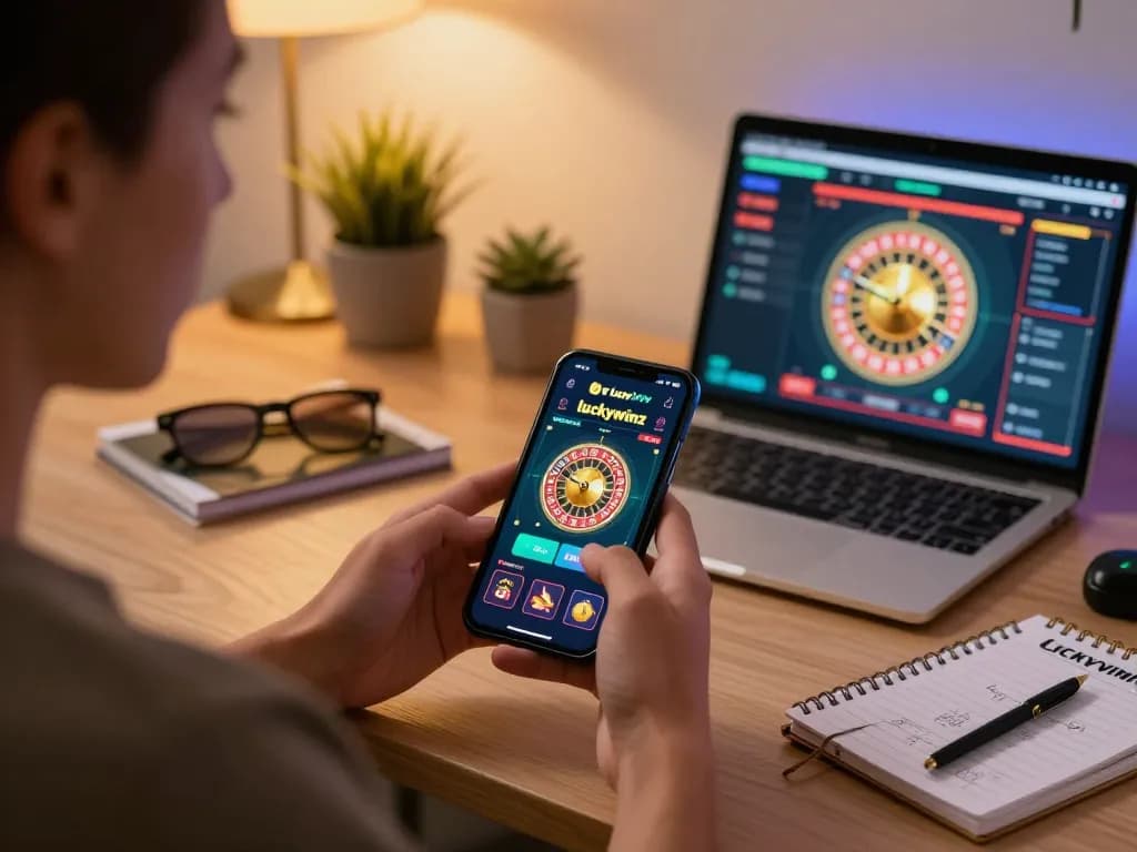 Player enjoying online gaming on luckywinz dev app with smartphone in a modern home setting.