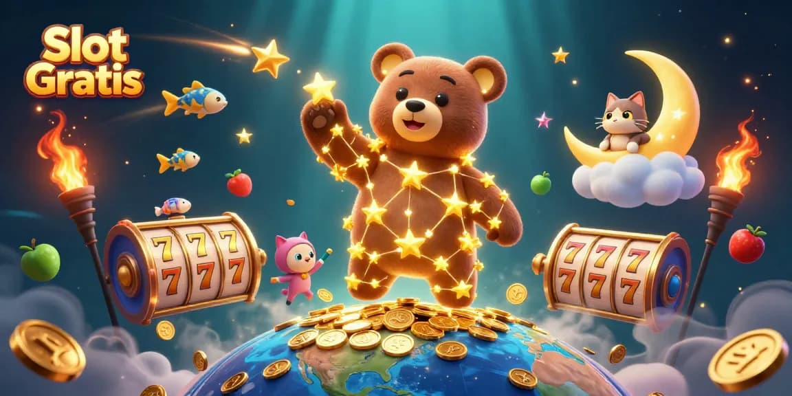 Engage in thrilling Slot Gratis action with golden star characters and vibrant slot symbols spinning around.