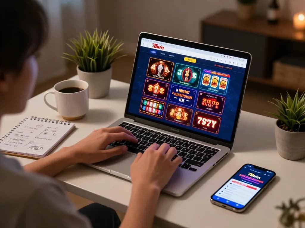 Player enjoying a game on 78win online platform from the comfort of home, showcasing vibrant casino interface.