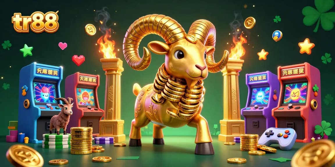 Experience the thrill of tr88 as a golden ram charges, surrounded by rich casino elements and gaming machines.