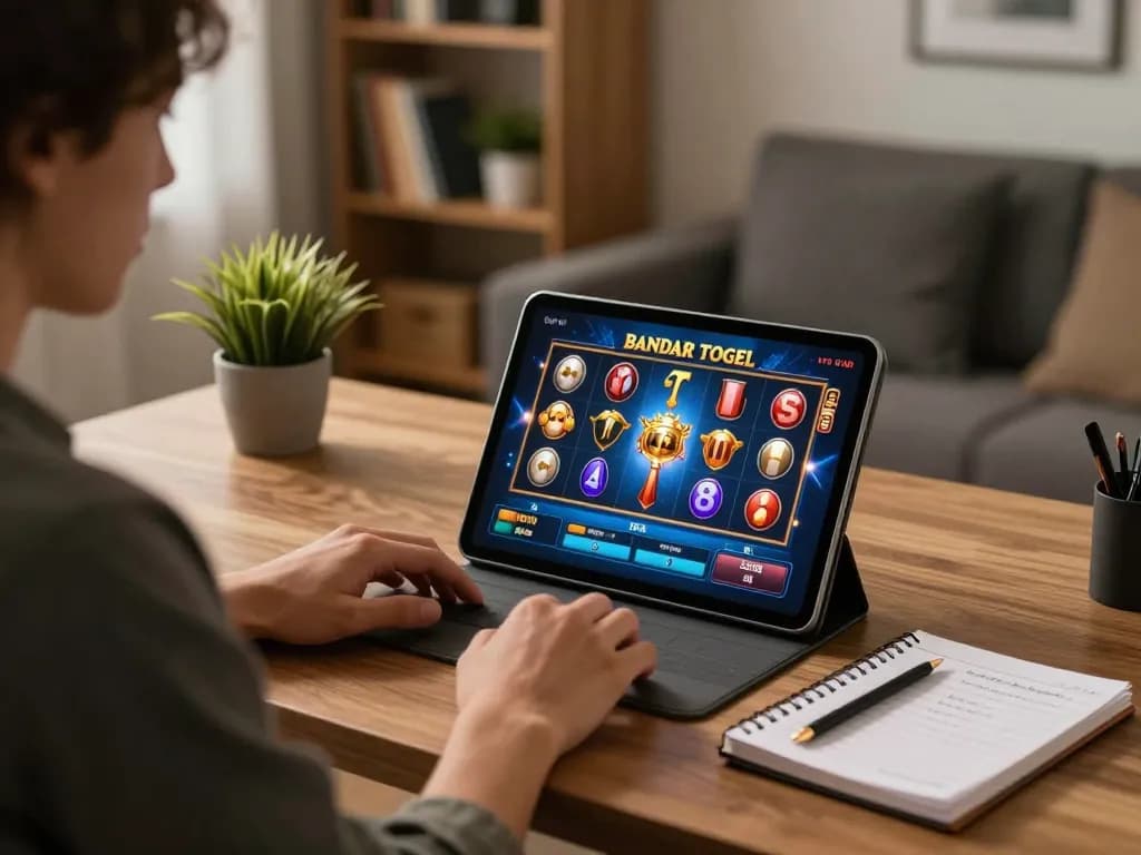 Permainan menarik di rumah dengan Bandar Togel Slot di tablet, dengan catatan strategis terlihat.