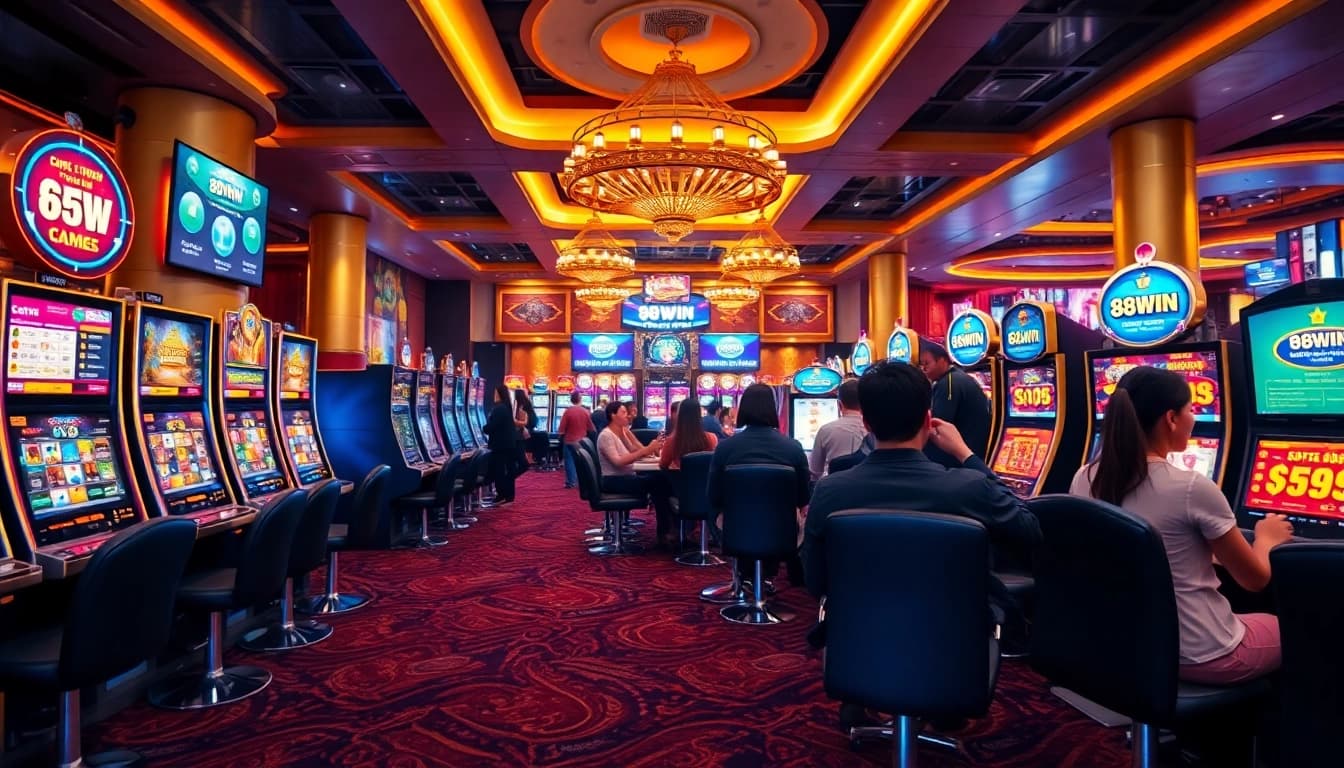 Experience the thrill of gaming at 98WIN's luxurious online casino, featuring vibrant machines and an exciting atmosphere.
