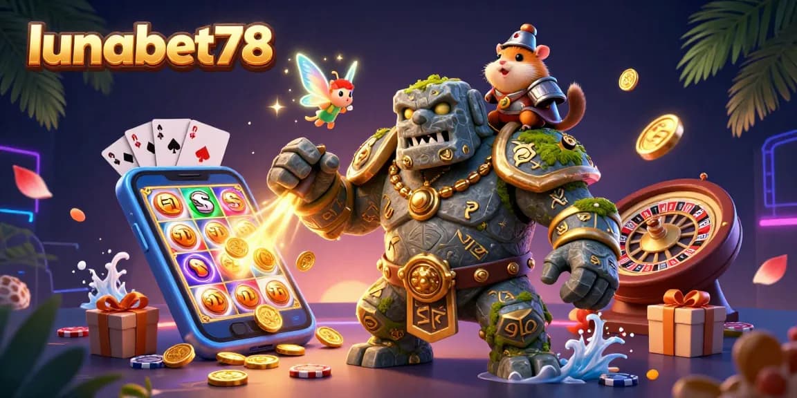 lunabet78 bermain slot dengan golem, peri, dan hamster kesatria di latar belakang kasino.