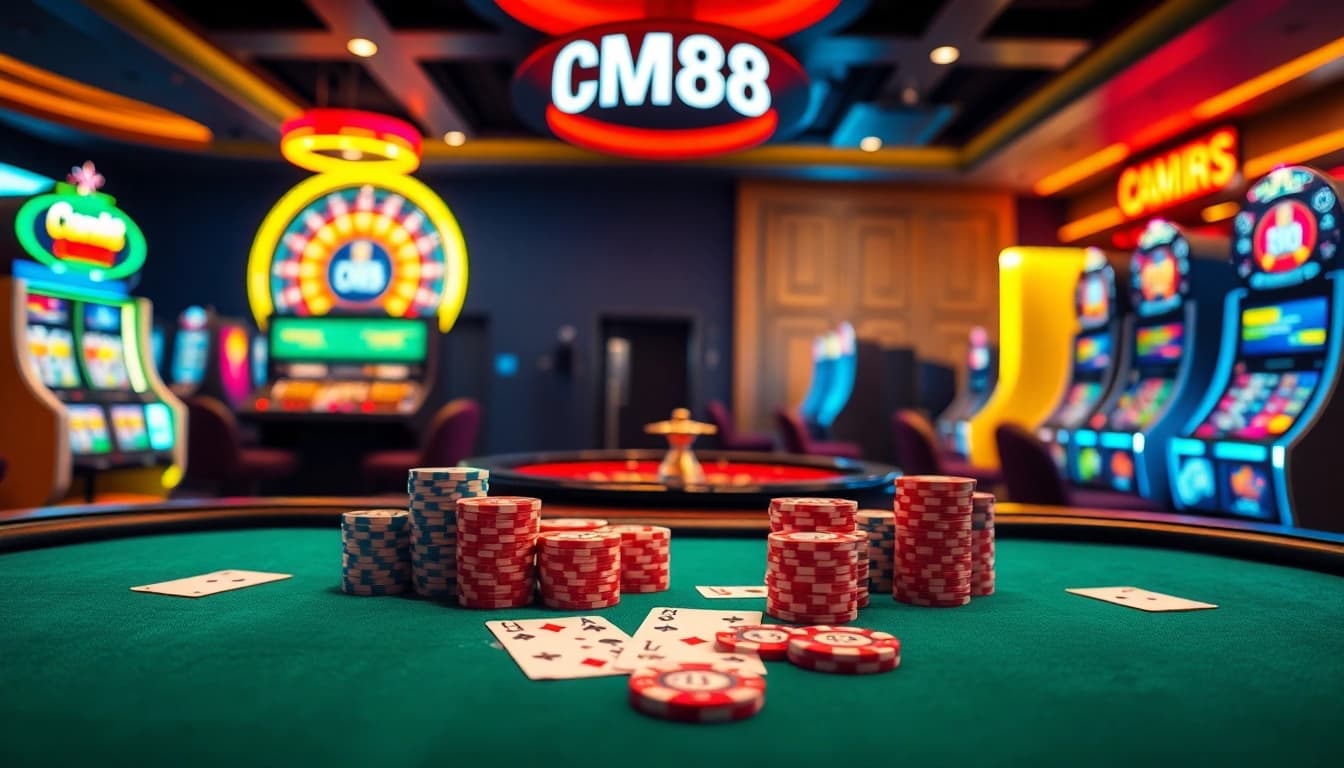 Experience high-stakes excitement at a vibrant casino table featuring CM88 poker chips and cards.
