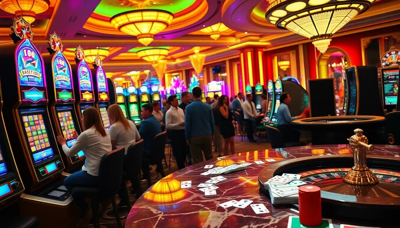 Players enjoying vibrant ktpjitu slot machines in a lively casino atmosphere.