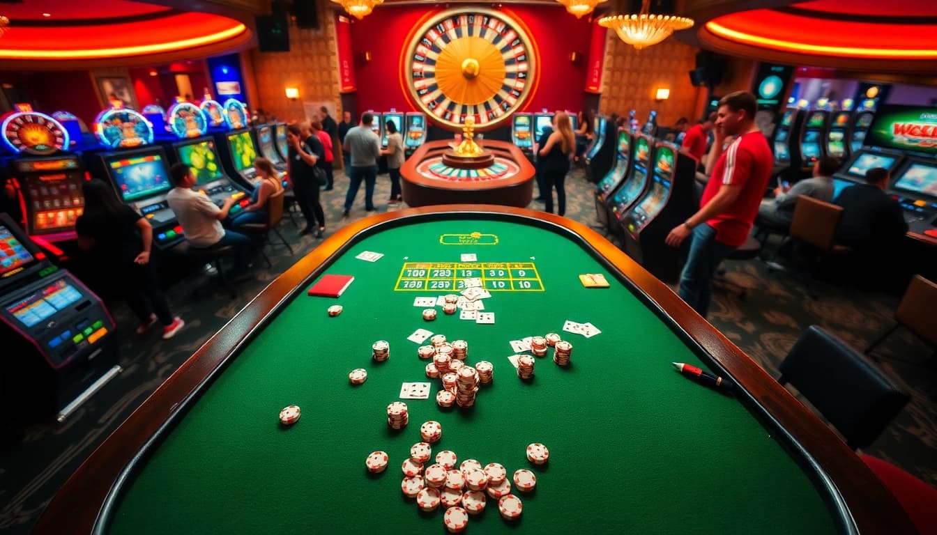 Players enjoying a thrilling gaming experience at uu88 com with vibrant tables and exciting slot machines.
