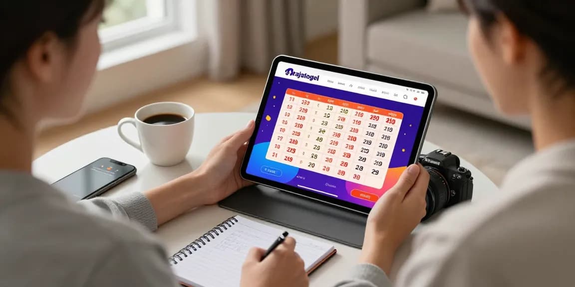 Pengguna menelusuri rajatogel, platform togel online dengan antarmuka menarik dan angka lotere di tablet di ruang nyaman.