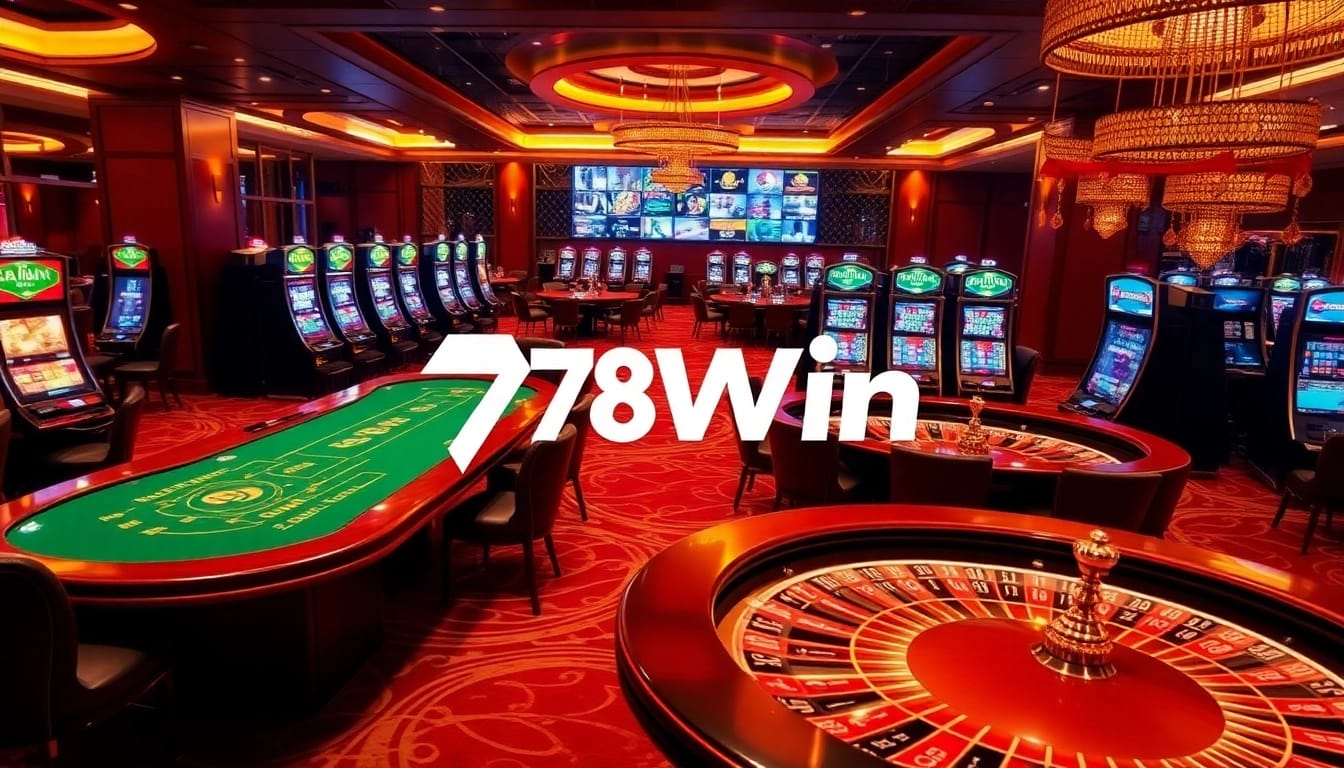 Excited players engaging with poker tables and slot machines at 78Win casino.